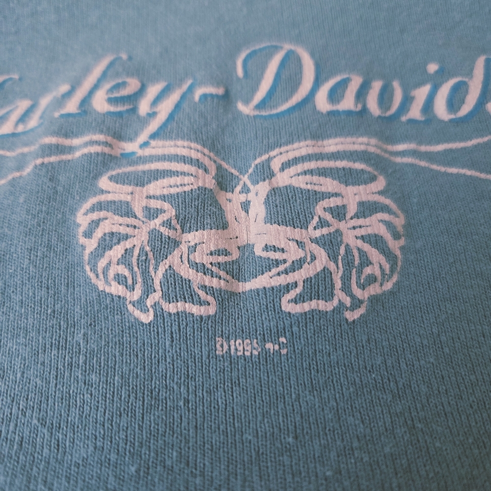 VTG Harley Davidson Womens 3/4 Sleeve T-Shirt‎ Teal Blue Ringer 1995 USA Size M - Picture 3 of 13